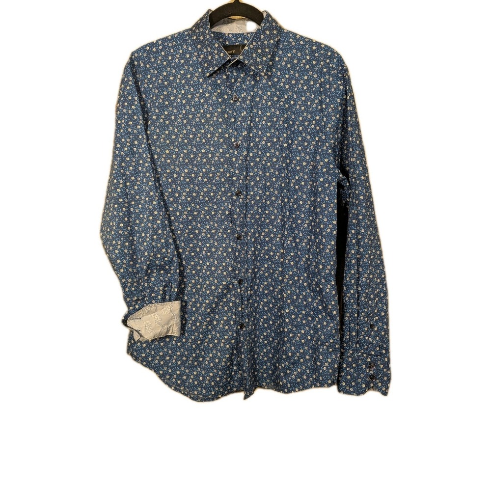 Quieti Shirt Mens Medium Blue Navy Flower Print Button Down Long Sleeve Cotton